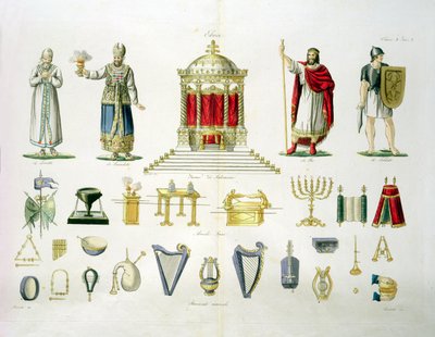 マルココミラティ（c.1800-69）（アクアチント）によって彫刻された、国の歴史のパートIの神聖な装飾品と楽器を備えたヘブライレビ、司祭、王と兵士、プレート2、クラス1 作： Italian School