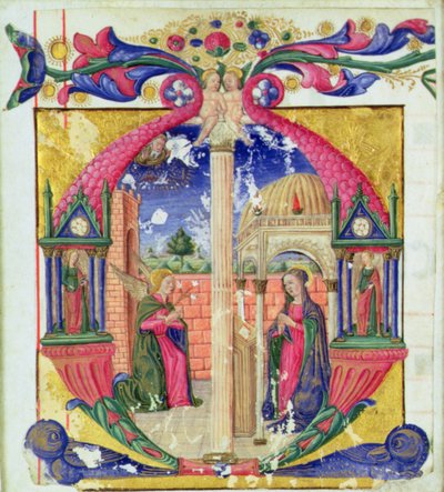 受胎告知を描いた歴史的なイニシャル「M」、1475年頃（ベラム） 作： Italian School