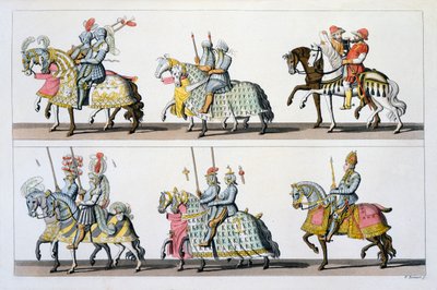 神聖ローマ帝国：マクシミリアン1世の時代にルクセンブルグ城で行われたトーナメントの参加者。スビッツェリのコストゥミデイロマーニから。.c.1800-18 作： Italian School