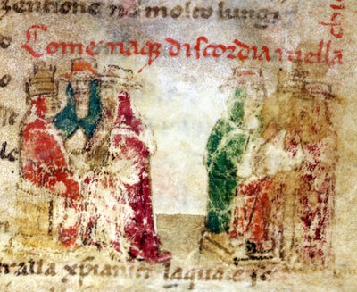 1378年から1417年の間にローマ教会でどのように不和が生まれたのか（分裂）：14世紀の手稿.@-"Croniche del Sercambi "にて。National Archive, Lucca. 作： Italian School