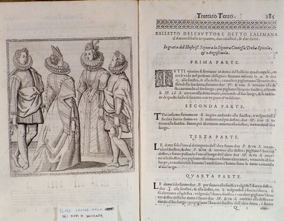 イタリアのダンサー、チェザーレ・ネグリがイル・トロンボーン（1536-1604）と呼ぶLe Gratie dAmore（Le Grazie dAmore）のAlemannaダブルページを踊る方法、ダンス条約 作： Italian School