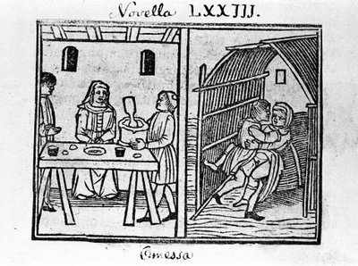 イタリアの作家、Giovanni Boccaccio dit Jean Boccaccio (1313-1375)の『デカメロン』のニュース73（8日目の新3）の挿絵。ヴェネツィア、Bartolomeo de 