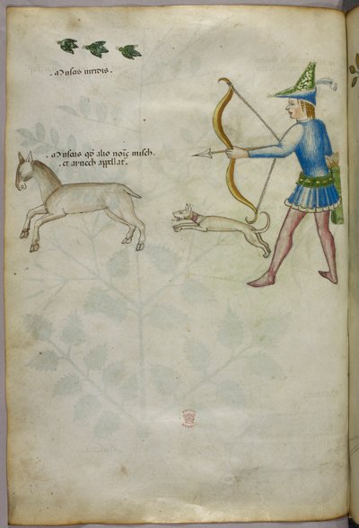 動物を射る弓を持った男と犬、その上に鳥を描いた絵（1440年頃、ベラムにインクと彩色） 作： Italian School