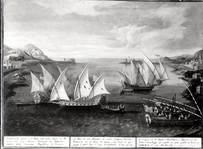 1751年4月17日、ベニスのキャプテンイワノビッチダダブロタとトルコ海賊バルバロッサの間のパトラス沖での事件 作： Italian School
