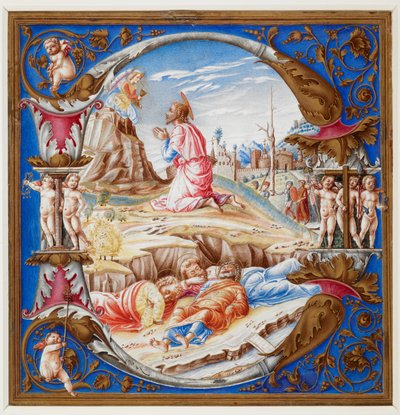合唱団の本（追加74233 A）からの庭での苦悩を示すイニシャルD、1500年頃（ベラム） 作： Italian School