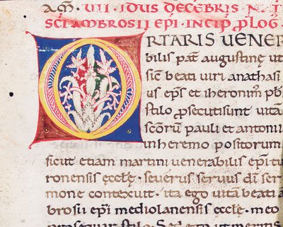 ミラノのパウリヌスとのカットの裏面にイニシャル「O」、『Vita Sancti Ambrosii』、おそらくトスカーナ産、1150～75年頃（ベラムにインク 作： Italian School