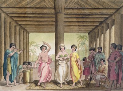 19世紀初頭の旅行の本のコレクションからのイラスト、踊る女の子がいるタヒチアンハウスのインテリア 作： Italian School