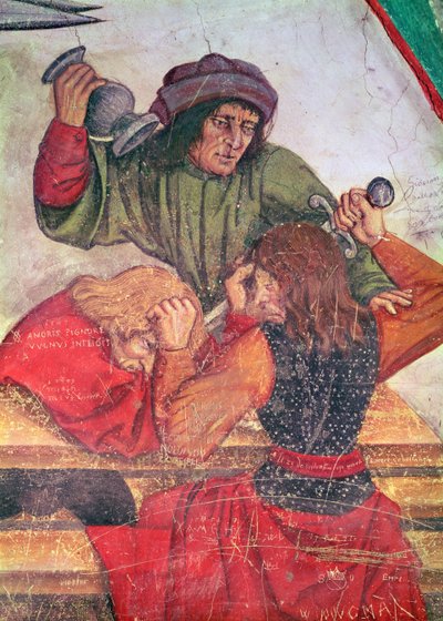 旅館の内部、酒飲みの戦いの詳細（フレスコ画） 作： Italian School