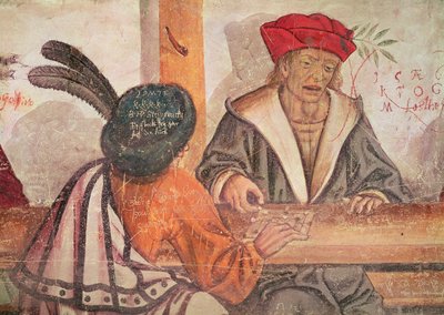 旅館のインテリア、ボードゲームをしている2人の男性の詳細（フレスコ画） 作： Italian School