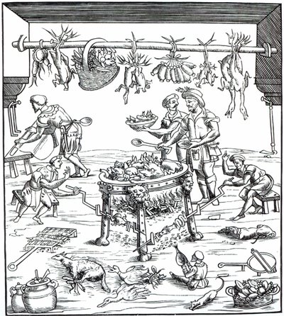 1549年に発表されたクリストフォロディメシスブルゴによるバンケッティ作曲のヴィヴェンデの木版画の後のイタリアのキッチンのインテリア 作： Italian School