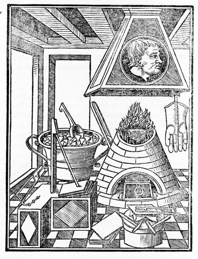 冶金工房の内観 ジョバンニ・アゴスティーノ・パンテオ（1517-1535）の「Voarchadumia contra alchimiam ars distincta ab archimia et sophia...」からの挿絵です。 作： Italian School
