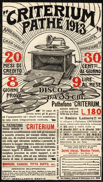 Pathéブランドの蓄音機Criteriumのイタリア広告。 作： Italian School