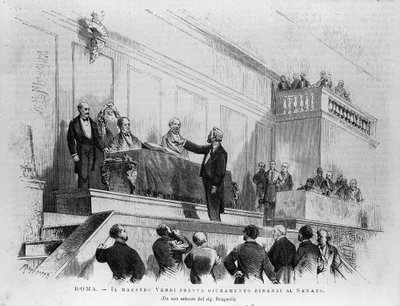 1874年に上院議員に任命されたイタリアの作曲家ジュゼッペ・ヴェルディ（1813-1901）、ローマ。1875年のエングレーヴィング。 作： Italian School