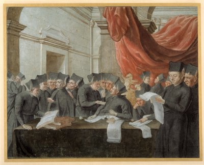 コンクラーベで会計について議論しているイエズス会士たち（紙に水彩、ペン＆インク 作： Italian School