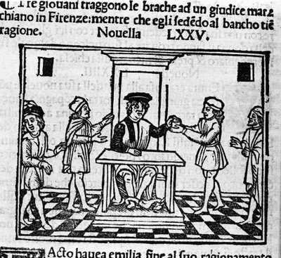 フィレンツェの審判の場面。イタリアの作家、ジョヴァンニ・ボッカッチョ（1313-1375）の『デカメロン』のニュース75（8日目の新5）の挿絵。ヴェネツィア、Bartolomeo de 