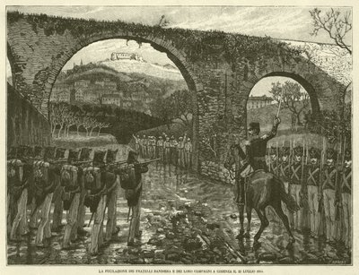 1844年7月25日にコセンツァで行われたバンディエラ兄弟とその同志たちの銃撃戦(エングレーヴィング) 作： Italian School
