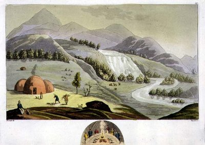 漁師の住居とその小屋の断面のあるラップランドの風景、「The History of the Nations」よりプレート49（アクアチント） 作： Italian School