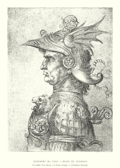 レオナルド・ダ・ヴィンチ「戦士の胸像」銀点画のファクシミリ、マルコム・コレクション（エングレーヴィング 作： Italian School
