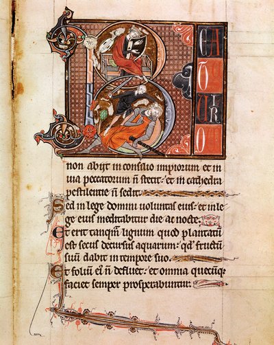ダビデ王が槍を弾き、ゴリアテを倒す様子を描いたLettrine Bの装飾品 写本「Psalterium Cum Calendario」からのページ 13世紀 パドヴァ、神学校の書庫 作： Italian School