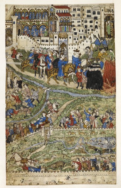 MS Add.27695 fol.6v テンプル騎士団の滅亡とフランス王フィリップ 4 世 (1268-1314) の死、14 世紀後半、ジェノヴァのコシャレリによる「悪徳の扱い」の挿絵 (ベラム) 作： Italian School