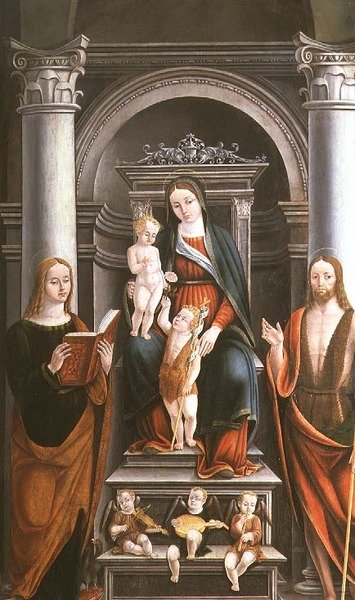 洗礼者聖ヨハネから薔薇を受け取る聖母子、聖人と天使、M.B.(モノグラム) 作： Italian School