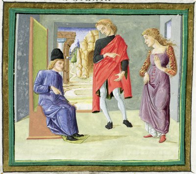 裁判官の前の男と女、「Decretum Gratiani」（ベラム）より 作： Italian School
