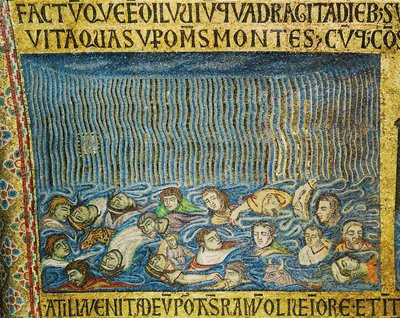 人類は大洪水に溺れ、雨は降り続く......（モザイク画） 作： イタリア語学校