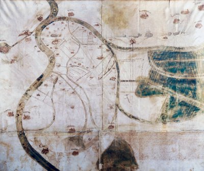サン・ベネデット・ポー修道院の領域の地図 セッキアとミンシオのポー川への合流点、右は埋め立てられている地域と排水路、イタリア 作： Italian School