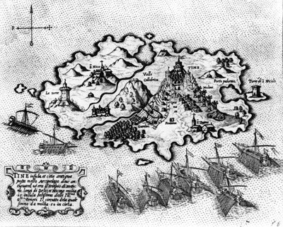 17世紀のヴェネツィア艦隊のいるティノス島の地図 作： Italian School