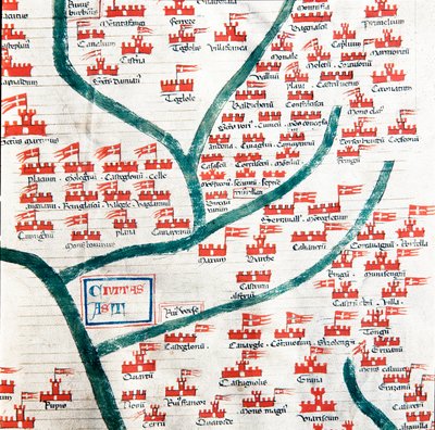 13世紀にアスティの町に属していた自治体を示す地図 1065年から1353年の間にアスティの町について書かれた年代記「Codex Astensis（またはMalabayla）」から抜粋したミニチュア。14世紀アスティ市長室に保存されている 作： Italian School