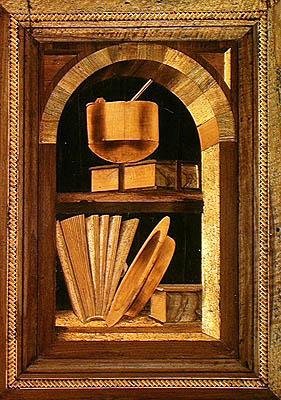 本のある静物の寄木細工のパネル（木） 作： Italian School
