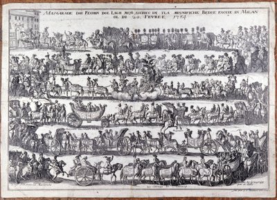 マスカレード：カーニバルの際の仮面をつけた人々の行列と踊り。ミラノ 1764年02月20日 18世紀のエングレーヴィング 作： Italian School