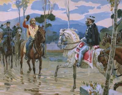 1860年10月26日、テアーノでジュゼッペガリバルディとビクターエマニュエル2世（1820〜78年）が出会う。チョコレートタルモーネのために作られたリソルジメントの歴史に関するアルバムのイラスト。 作： Italian School