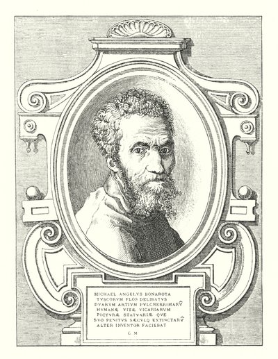 Michael Angelus Bonarota Tuscorum Flos Delibatus Duarum Artium Pulcherrimaru Humanae Vitae Vicariarum Picturae Statuariae Que Suo Penitus Saeculq Extinctaru Alter Inventor Faciebat (e.g. engraving) 作： Italian School