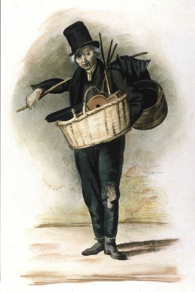 ミラネーゼ・メチエ：傘、蛇腹の修理屋さん。1830年にロカルノが描いた版画。 作： Italian School
