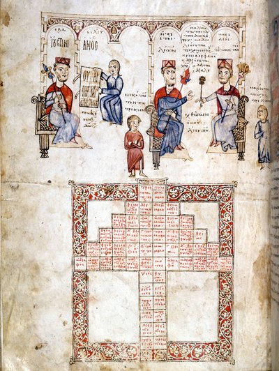 1175年に作成された法律文書 "Ecloga Legum "のミニチュアページ。登場人物は左からユスティニアヌス1世（482〜565年）、レオ1世（457〜474年）、コンスタンティヌス1世（270/288〜337年）。ベニス、bibl.Marciana. 作： Italian School