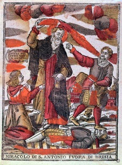聖アントニオ大王の奇跡、毒された男を治す（色の木版画） 作： Italian School