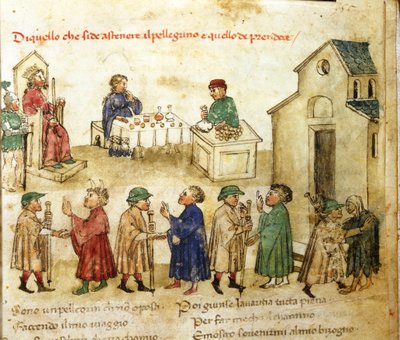 巡礼者の行動モデル - 「セルカンビの慢性」、1400 年頃。国立公文書館、ルッカ。 作： Italian School