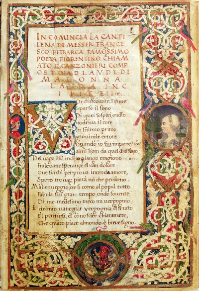 Ms.392 fol.1 ペトラルカの「ソネッティ、カンツォーニと凱旋門」より、ラウレを讃える歌 作： Italian School