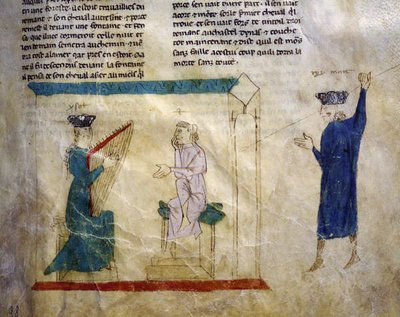 Ms.EST.59 fol.98rファラモント王の娘は、ストーリーオブトリスタンからトリスタンを誘惑しようとします 作： Italian School