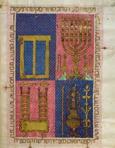 Ms.OR.26 fol.26r 神殿の道具、ヘブライ語聖書 (ベラム) より 作： Italian School