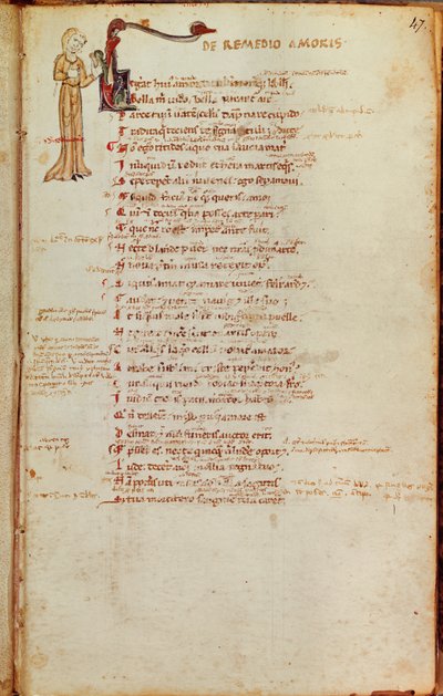 Ms 19 fol.47 OvidによるLArt dAimer（紀元前43-17年）からの歴史のあるイニシャルを含むテキストのページ 作： Italian School
