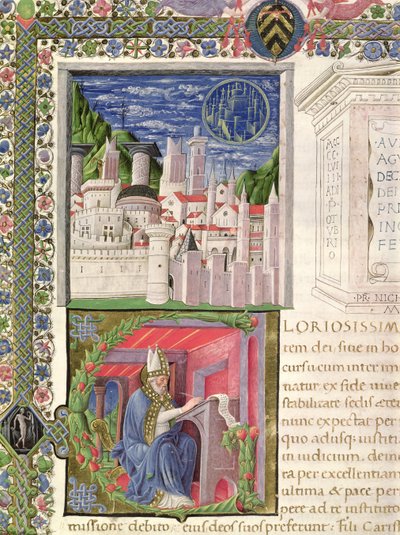 Ms 218 f.2r 神の都市としてのローマの眺め、および聖アウグスティヌスの書き込み、ヒッポの聖アウグスティヌス (354-430) による「De Civitation Dei」から 1459 (ベラム) 作： Italian School