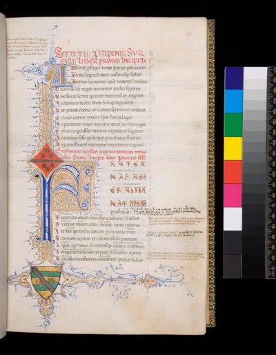 Ms 329. Statius、Thebaid、f.19r。青で照らされたイニシャル[F]は、開始用に予約された装飾が施され、マイナーなイニシャル[A]は、議論のために金で、金と青の複雑な対照的なペンの繁栄が、L字型の葉状のboを形成するように伸びています。 作： Italian School