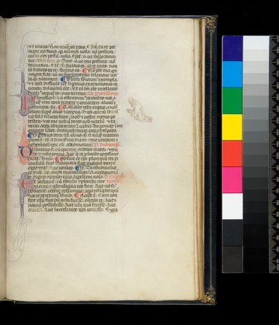 Ms 373. Pseudo-Cicero、Rhetorica ad Herennium、およびその他の作品、f.50r。ペンで飾られたイニシャルと、ひざまずく裸足の僧侶を表す余白のペン細工の装飾、c.1337 作： Italian School