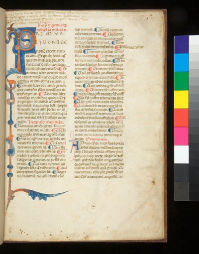 Ms.398。ベゲティウス『軍国主義者のためのエピトマ』f.1r.装飾された頭文字[P]が伸びて五線譜とアカンサスの部分的な縁取りを形成している、パドヴァ、13世紀後半（羊皮紙 作： Italian School