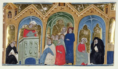Ms. 400-2000：司教が会衆に説教を示しているGratians Decretumのミニチュア、c.1325-30 作： Italian School