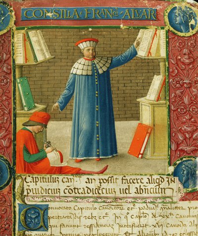 450さん、「Consilia et Allegations」のミニチュア、Francesco Alvarottiの手紙、c.1477-78（ベラム） 作： Italian School