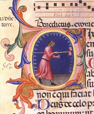 Ms 559 f.113v 聖ヨセフが鳩の描かれた2本の旗を持った棒を持っている姿を描いた歴史的なイニシャル「O」、サンタ・マリア・ノヴェッラの詩篇より、パオロ・ソルディーニ（1342-86年）の照明による1379年（ベラム 作： Italian School