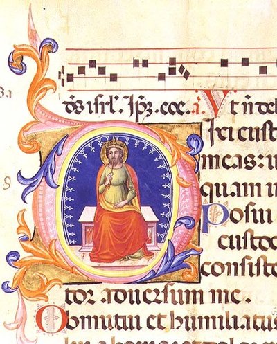 Ms 559 f.38v 聖マタイを描いた歴史的なイニシャル「O」、サンタ・マリア・ノヴェッラの詩篇集より、パオロ・ソルディーニ（1342-86年）の照明によるもの。 作： Italian School